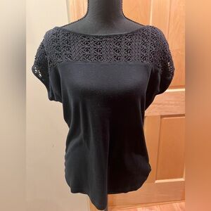 Chaps Women’s Black Crochet Yoke Detail Boatneck Top Cottagecore Boho Preppy L